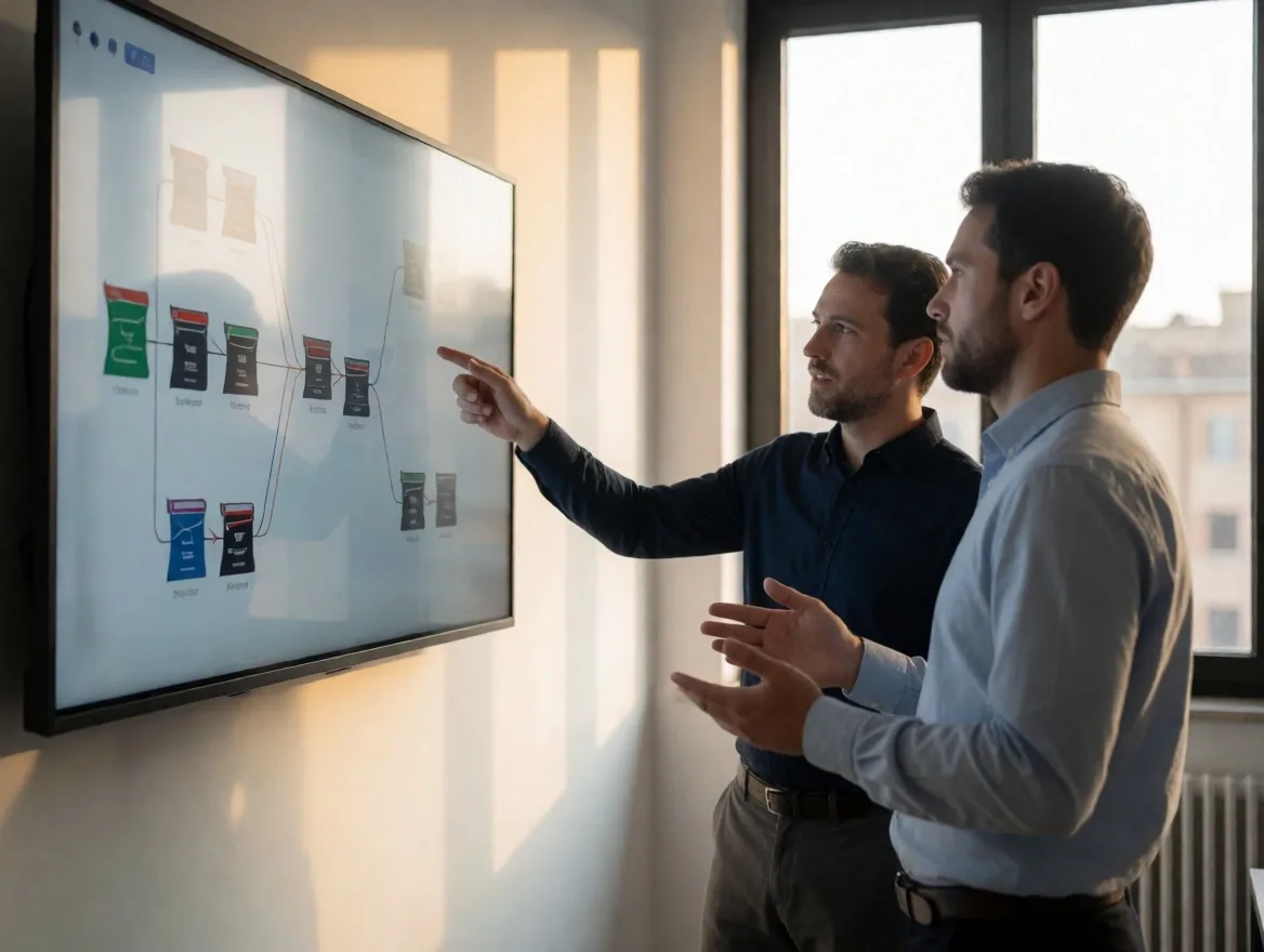 Equipo revisando diagramas de automatización en oficina de Buenos Aires