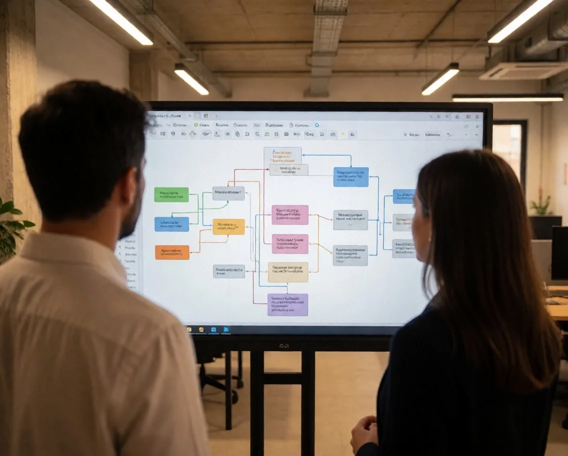 Equipo de Qefruni revisando diagramas de flujo de automatización