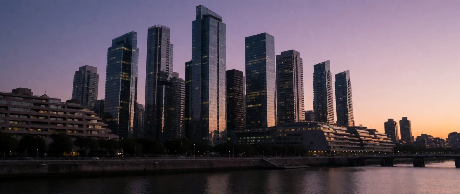 Vista de zona de negocios en Buenos Aires al atardecer